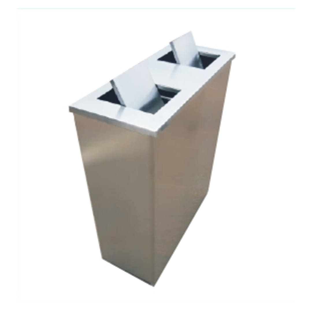 Stainless steel double compartment waste bin with hinged flap openings