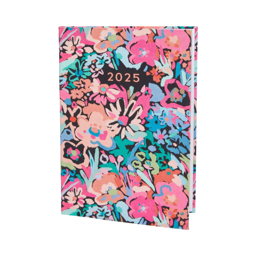 Colorful floral patterned 2025 diary with vibrant pink, blue, teal, and peach flowers