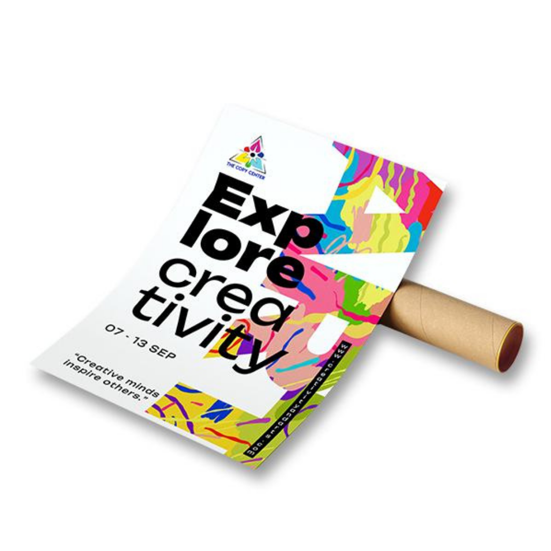 Creative exhibition flyer with colorful abstract artwork, bold typography, and event details