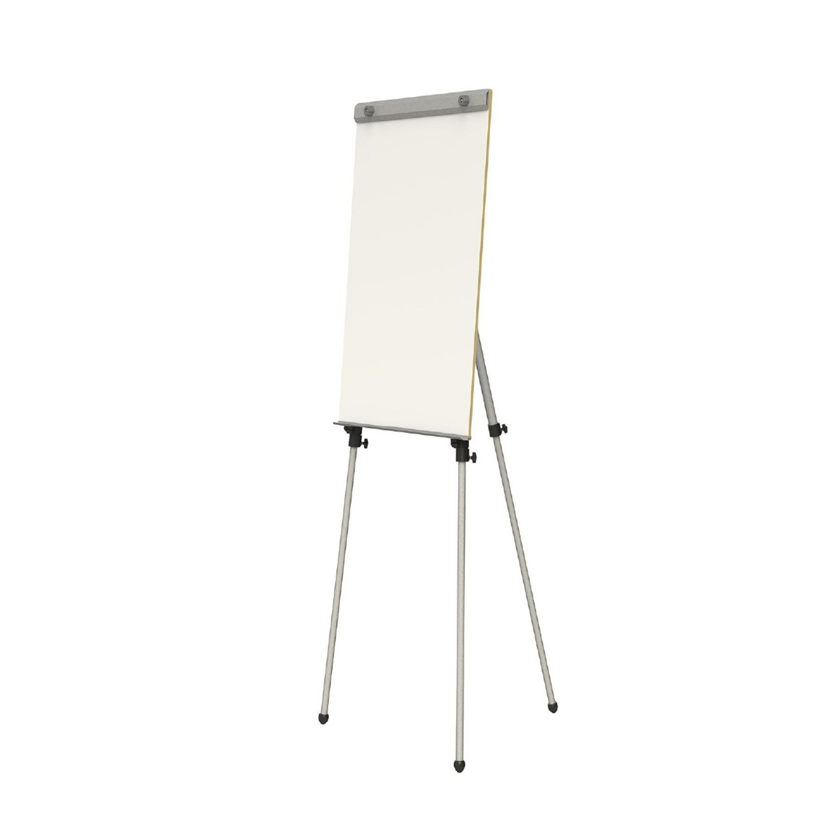 Portable tripod flip chart easel with adjustable aluminium legs and a white flip chart writing surface, suitable for offices, classrooms, training sessions, meetings, and presentations.