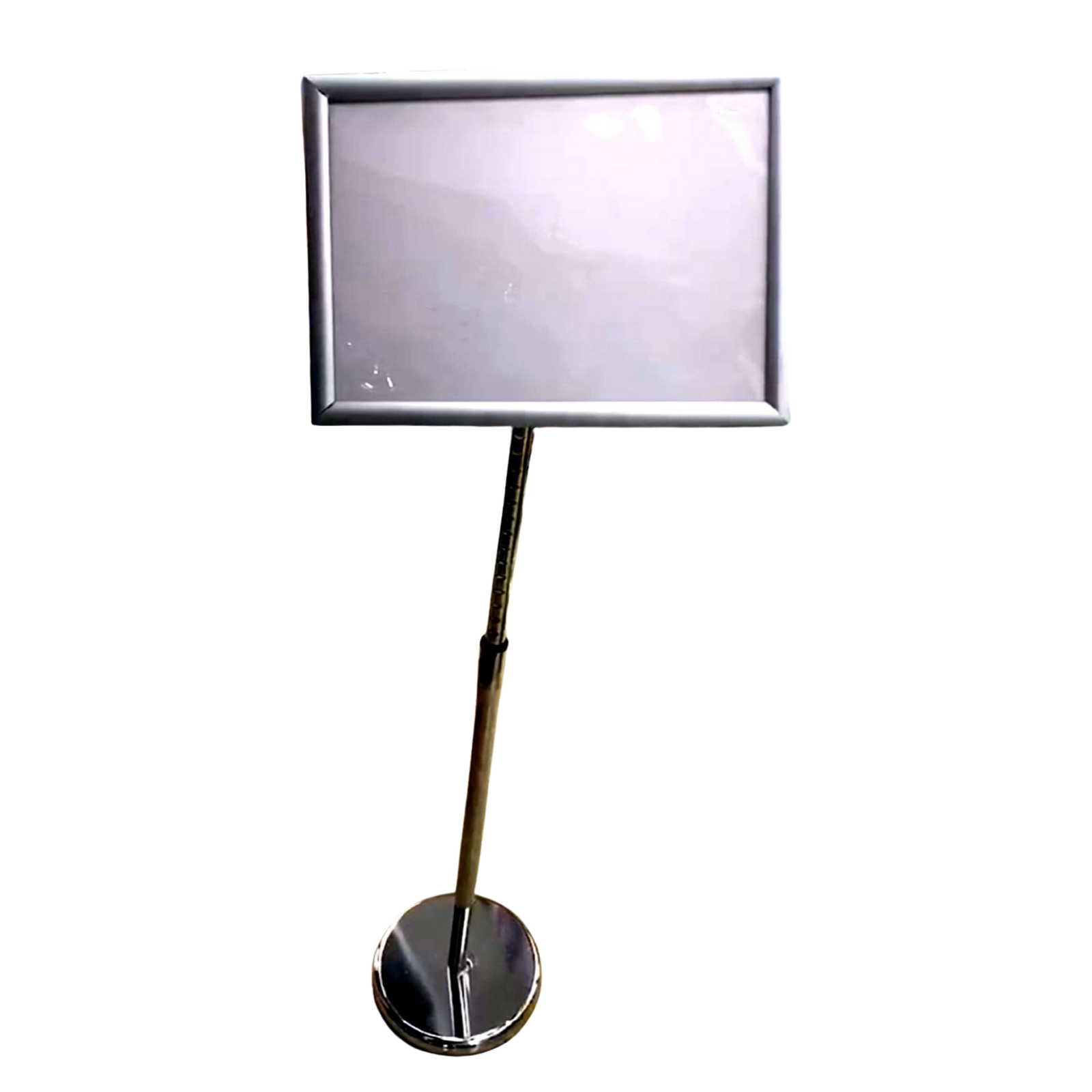 Stainless steel adjustable signage stand with a rectangular snap-frame display holder and round weighted base, suitable for offices, hotels, restaurants, events, exhibitions, and reception areas.