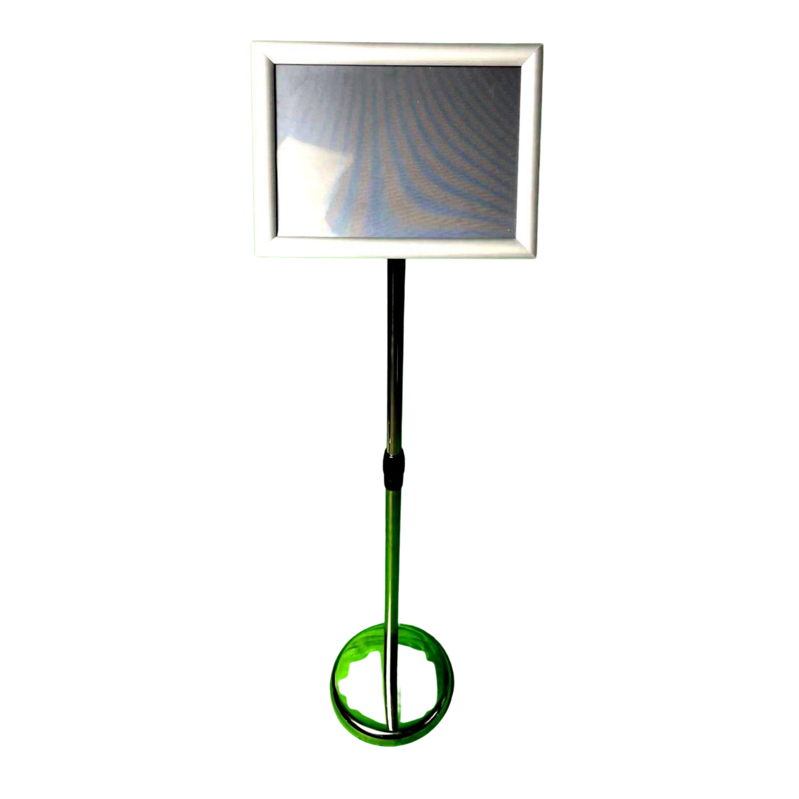 Portable floor standing sign holder with a square aluminium snap-frame display and adjustable pole stand, suitable for offices, hotels, exhibitions, restaurants, reception areas, and public information displays.