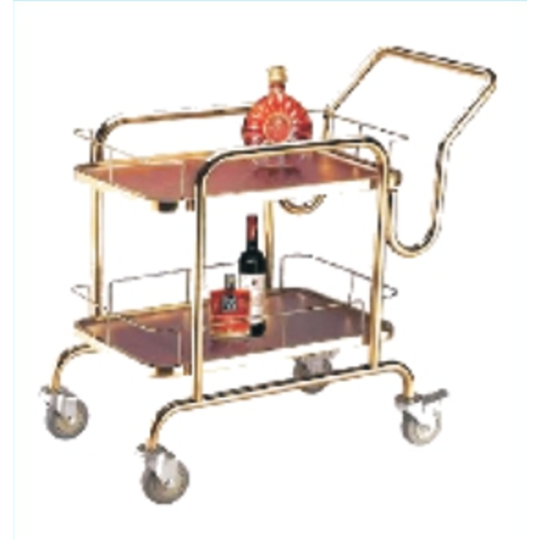 Two-tier stainless steel serving trolley with raised rails and four caster wheels