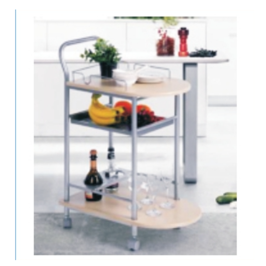 Three-tier serving trolley with wooden shelves, metal frame, handle, and caster wheels