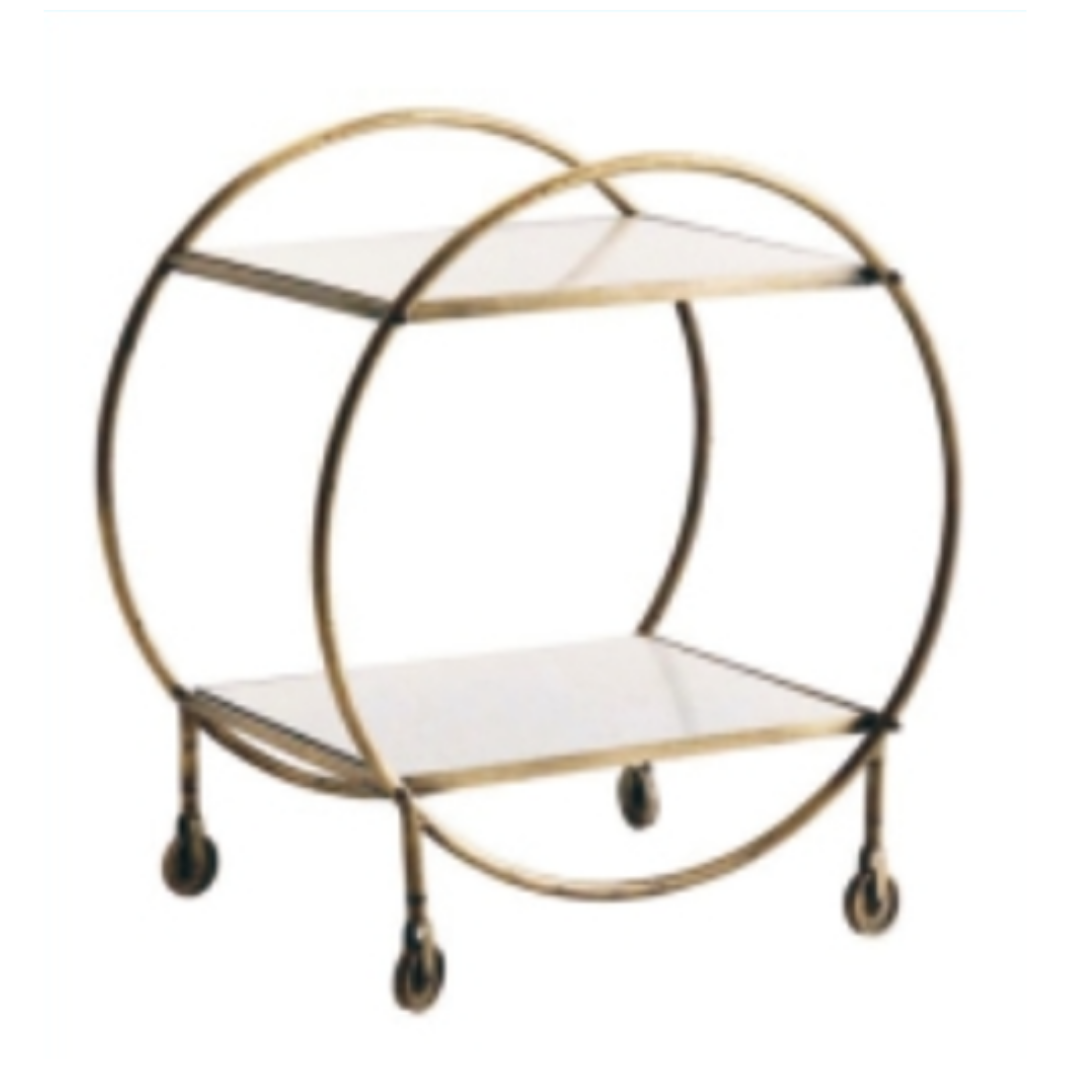 Two-tier metal serving trolley with curved frame and caster wheels
