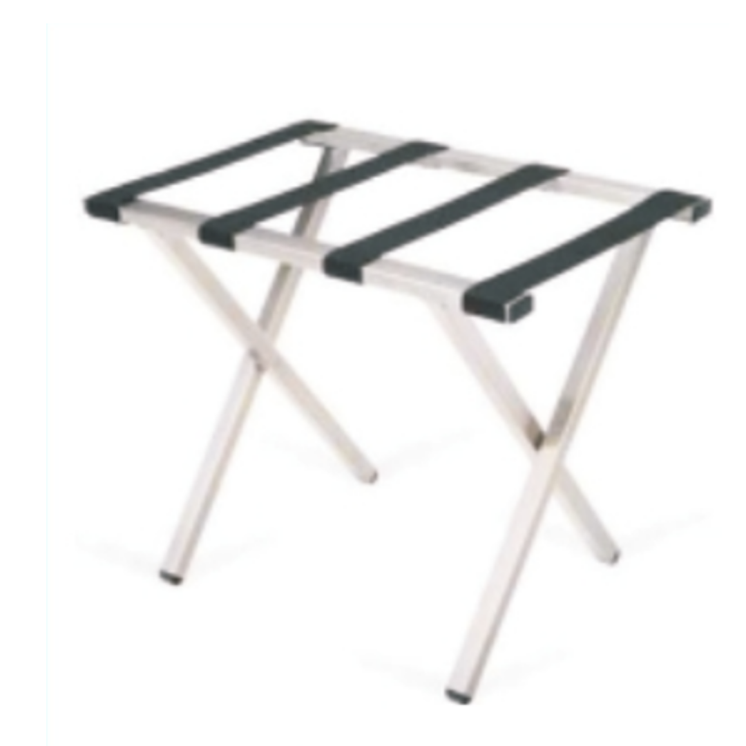 Foldable luggage rack with four black support straps and crossed metal legs