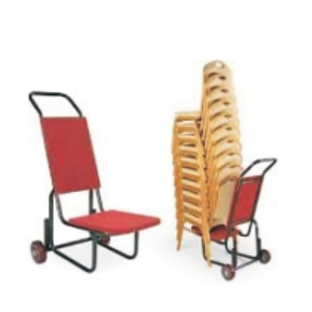 Red folding chair with wheeled transport trolley carrying multiple chairs