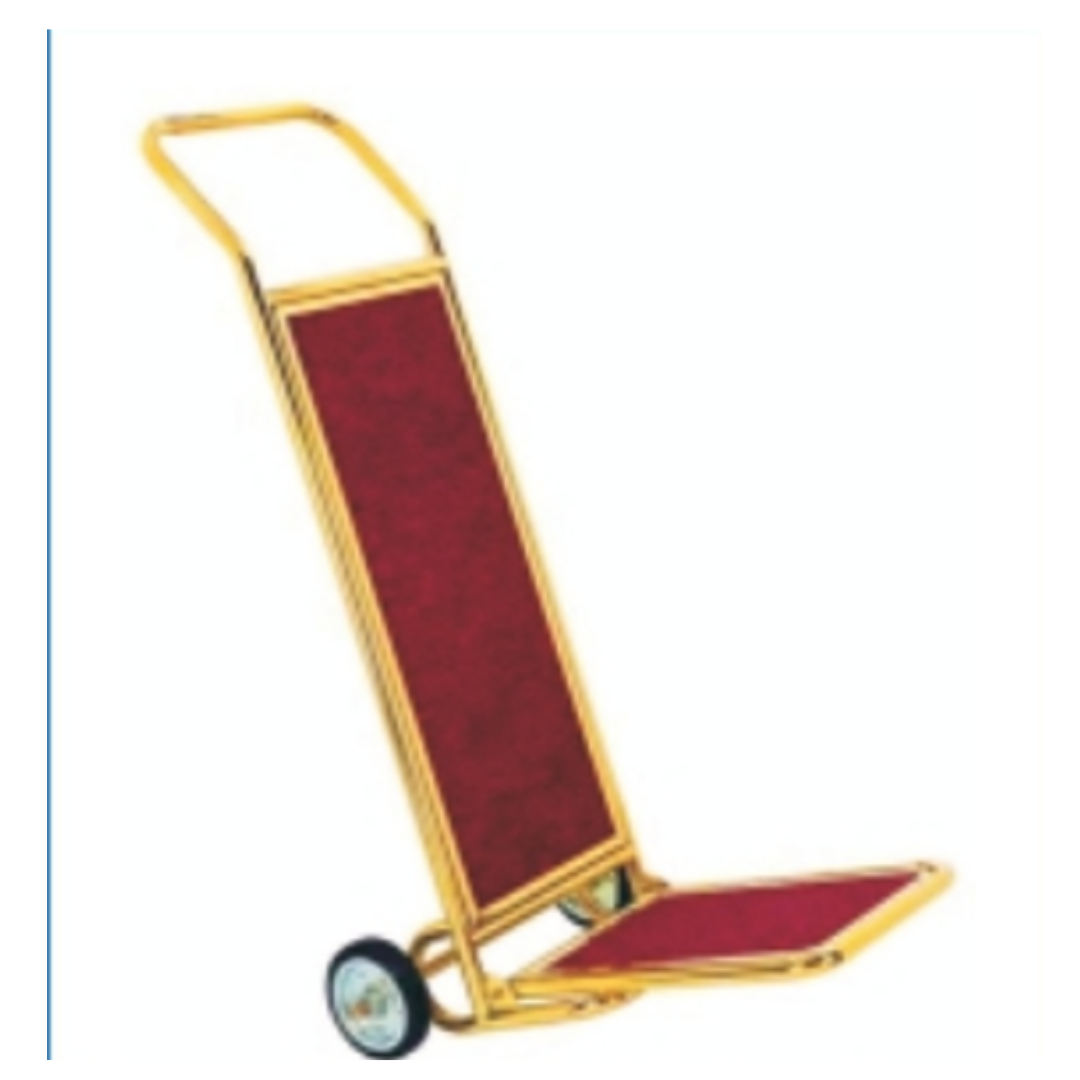 Folding luggage cart with burgundy padded back panel and platform
