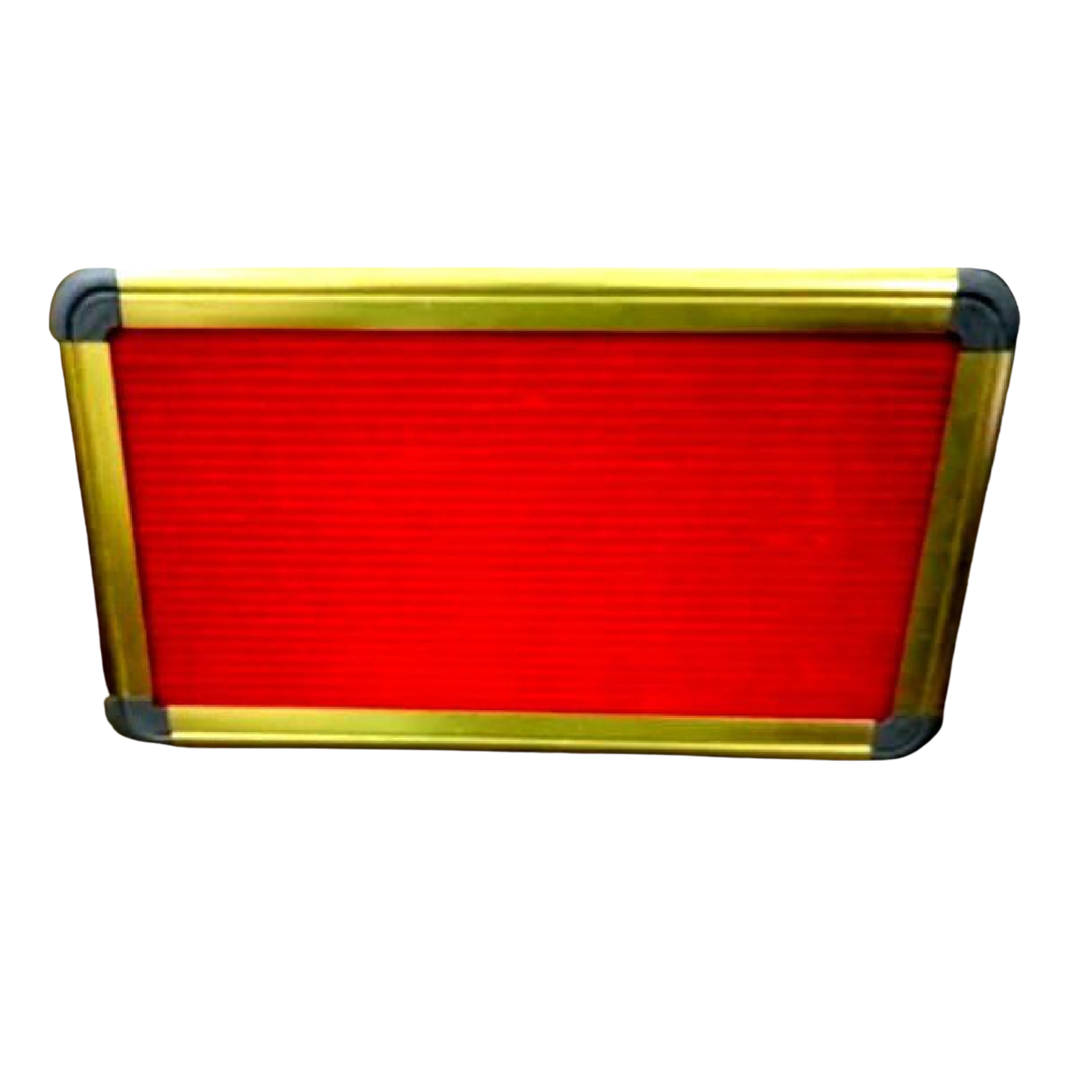 Red felt letter board with a gold aluminium frame and rounded black corner caps, designed for displaying changeable messages, announcements, menus, schedules, and information in offices, schools, hotels, restaurants, and reception areas.