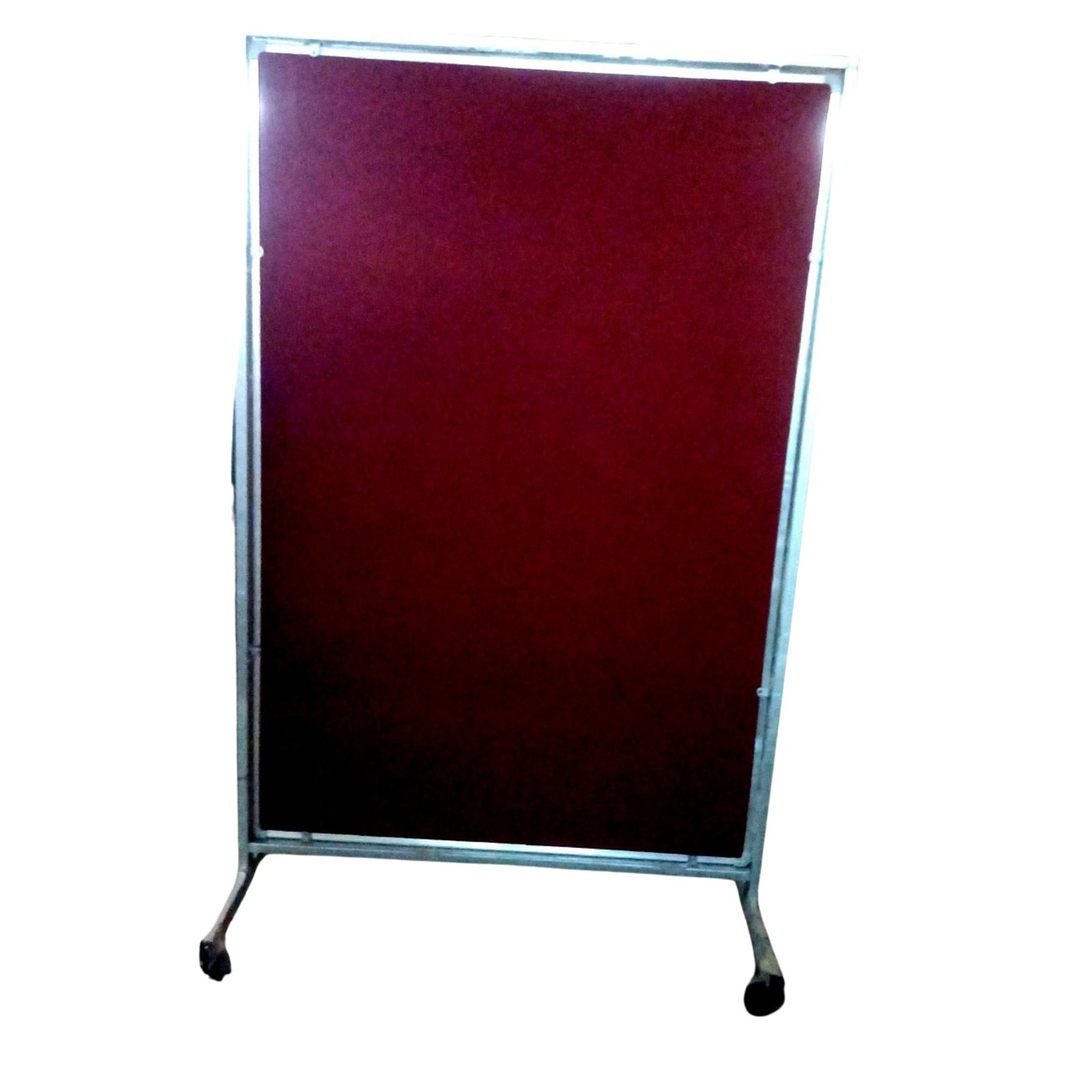 Free standing maroon fabric partition board with a sturdy metal frame and castor wheels, suitable for office partitions, classrooms, exhibitions, training centres, and temporary privacy or display solutions.