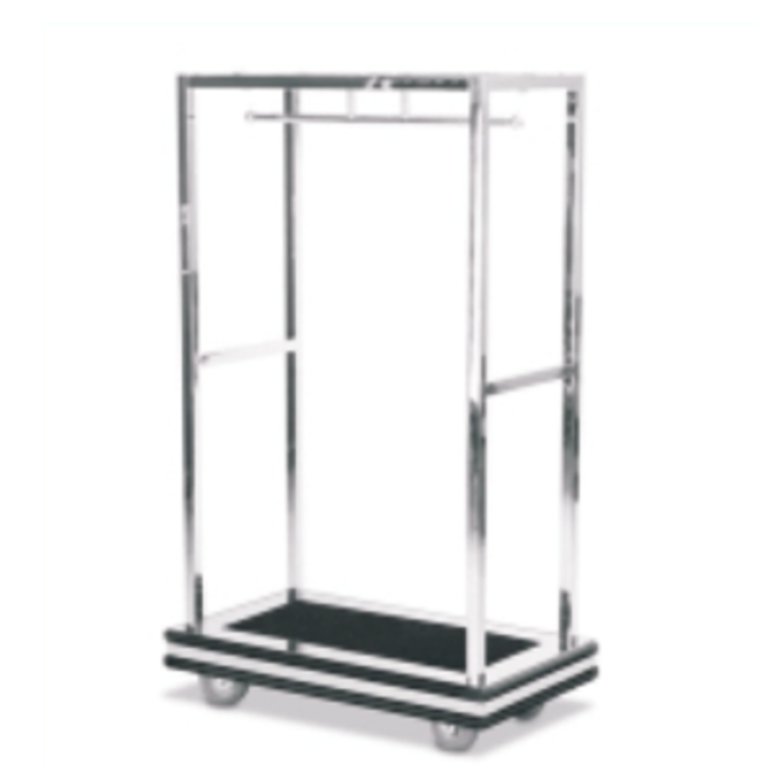 Heavy-duty platform cart with tall protective guard rails and caster wheels