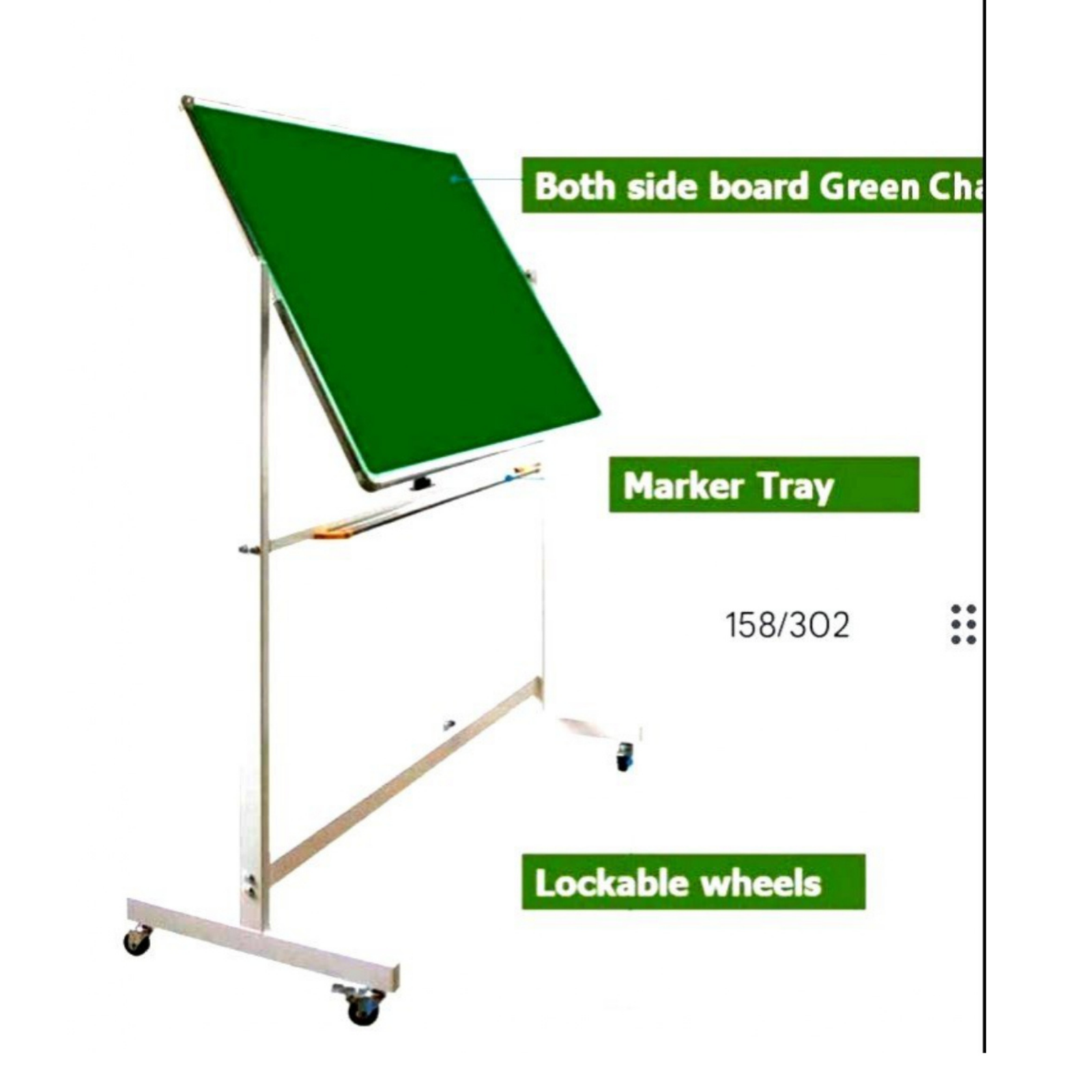 Portable double-sided green chalkboard mounted on a tilting metal stand with marker tray and lockable caster wheels.