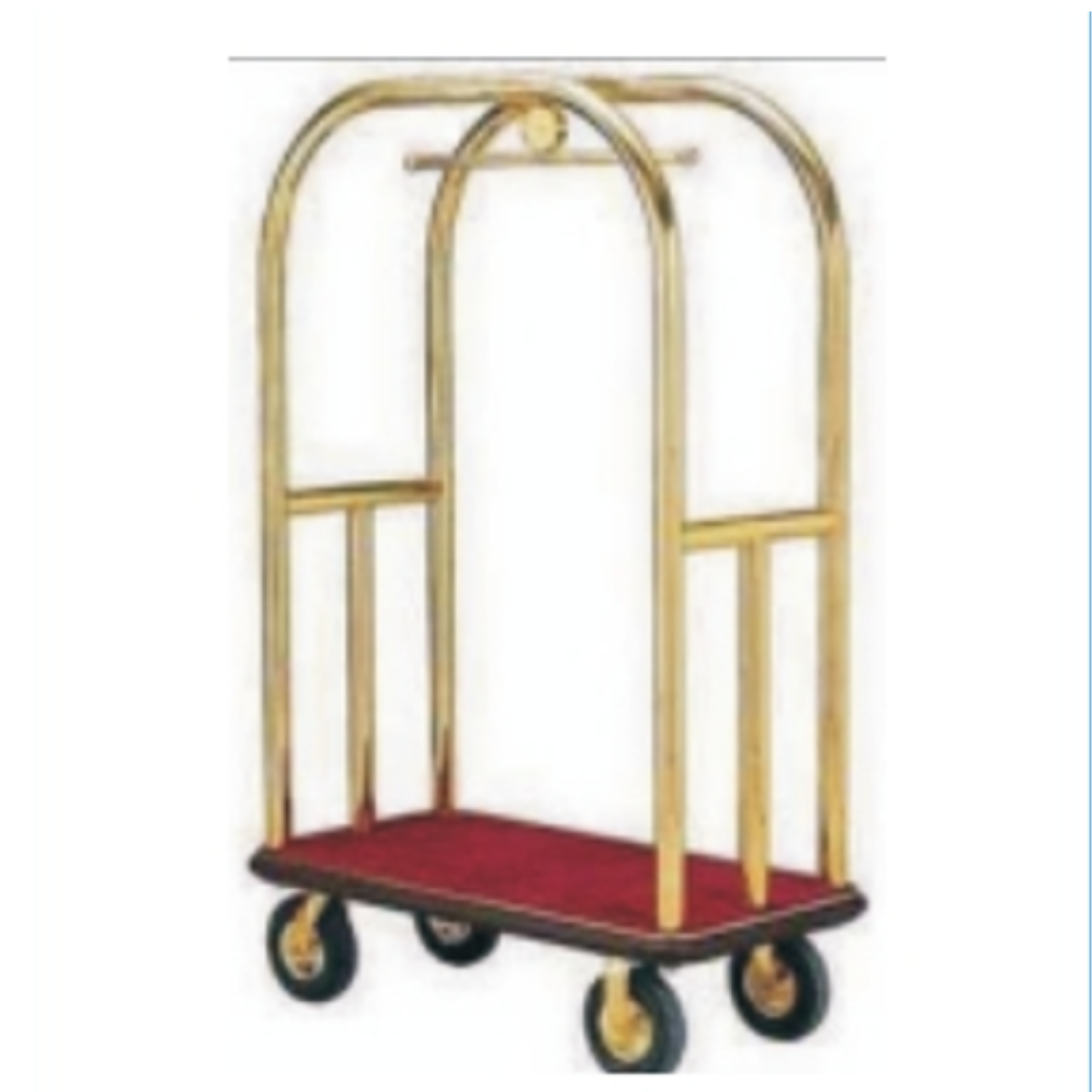 Red platform cart with tall yellow guard rails and four caster wheels