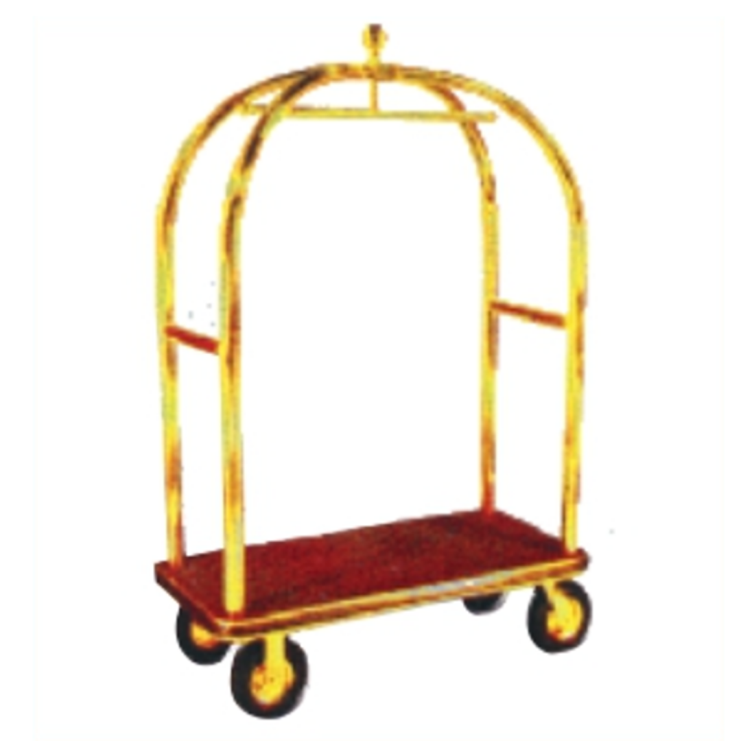 Red platform luggage cart with yellow dome-shaped guard rails and caster wheels