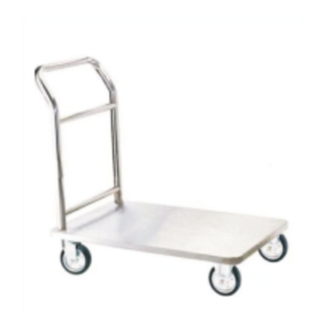 Stainless steel platform trolley with push handle and four caster wheels