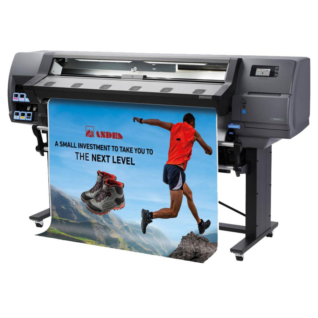 HP large format printer producing a colorful outdoor advertising banner with sports imagery