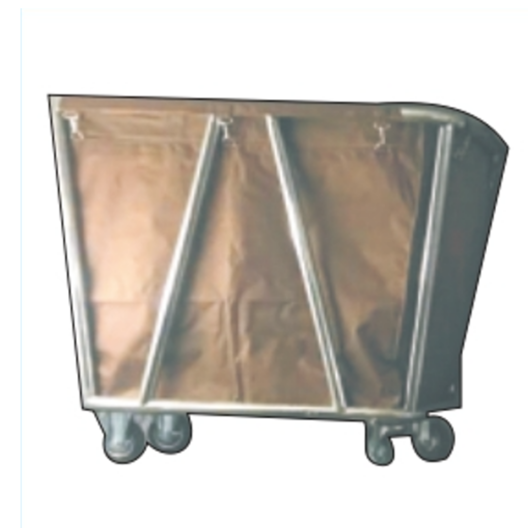 Stainless steel waste collection cart with enclosed bin and caster wheels