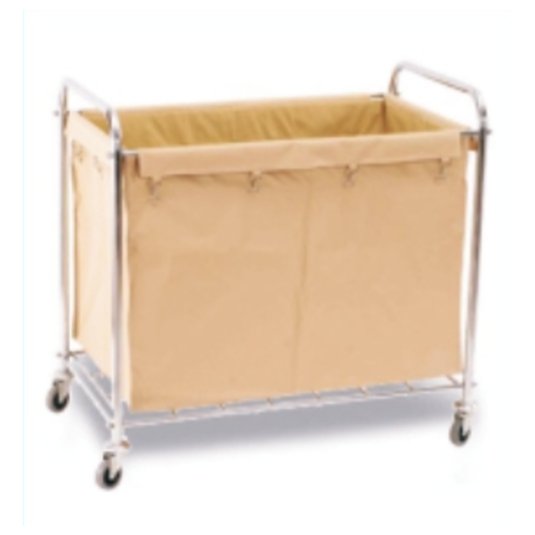 Wooden laundry cart with metal frame and four caster wheels