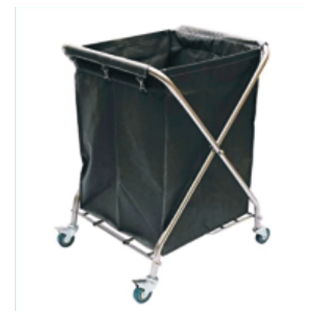 Black fabric laundry cart with metal frame and four caster wheels