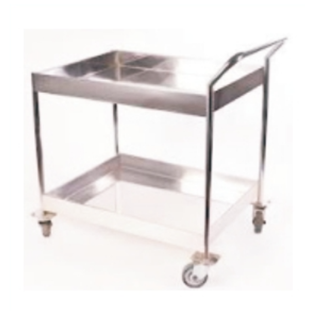 Stainless steel utility trolley with two shelves and caster wheels