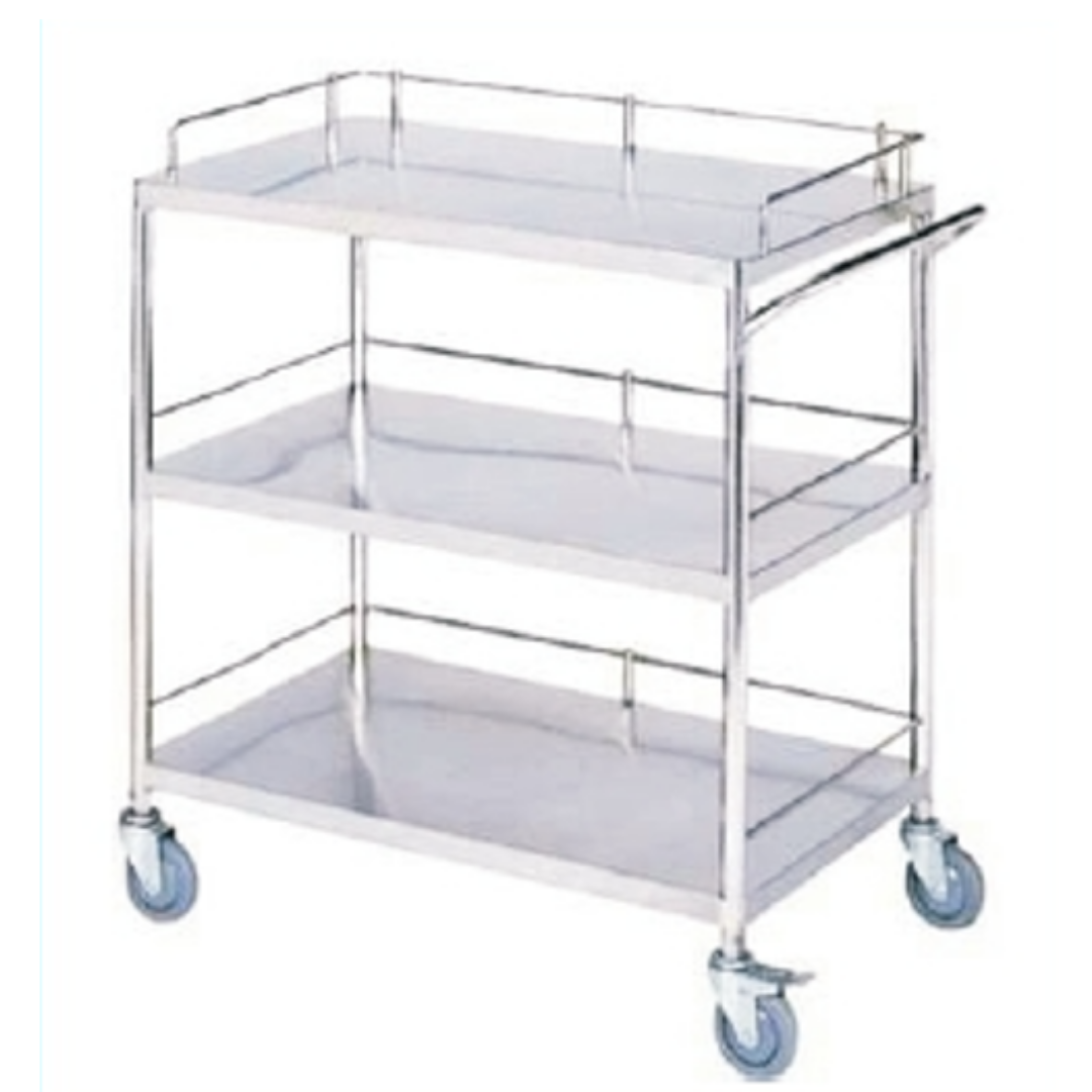 Stainless steel three-tier utility trolley with raised edges and caster wheels