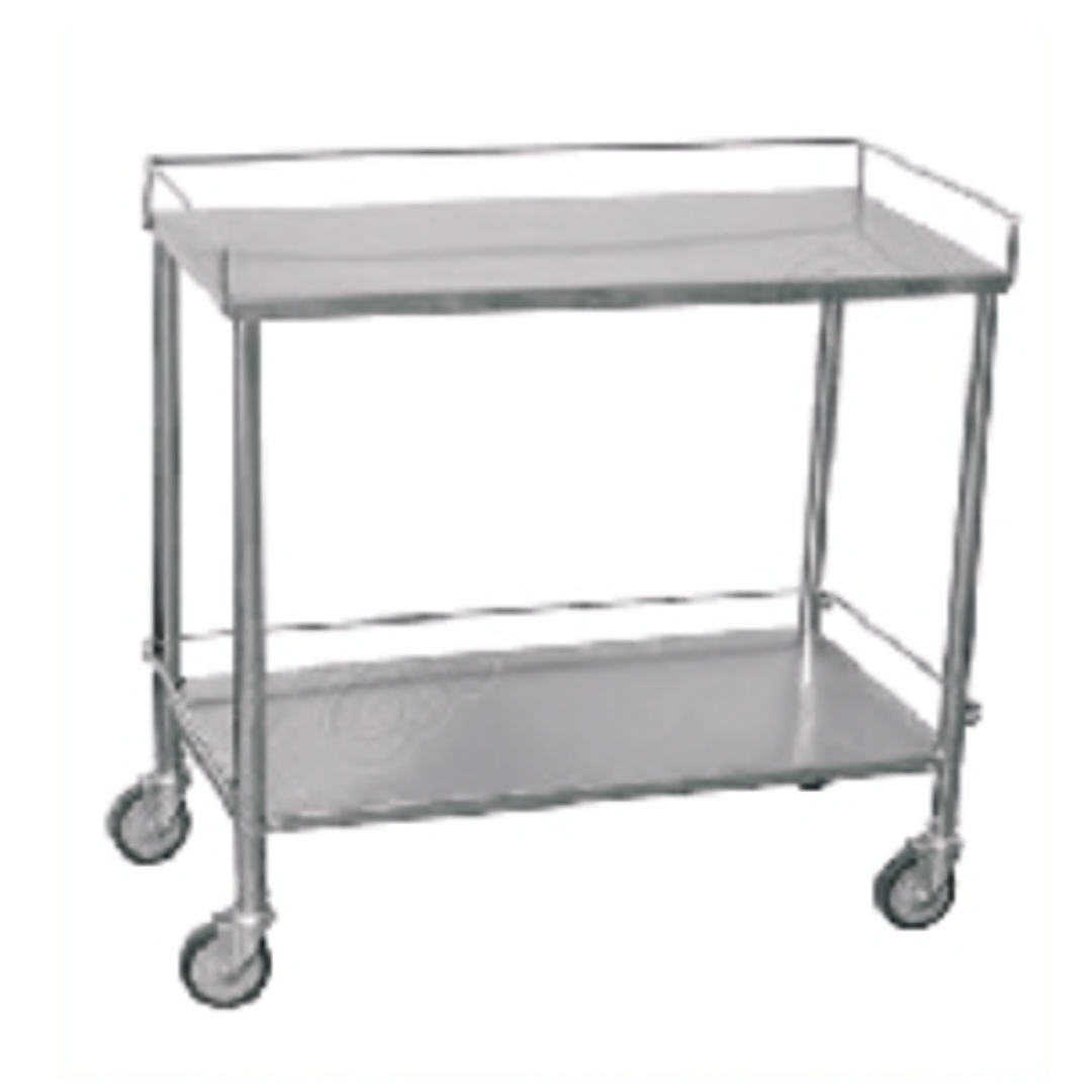 Stainless steel two-tier utility trolley with raised edges and caster wheels