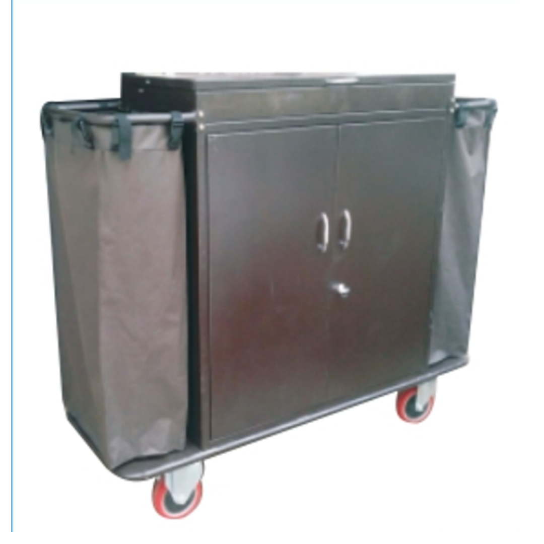 Stainless steel laundry cart with side bags, storage cabinet, and caster wheels