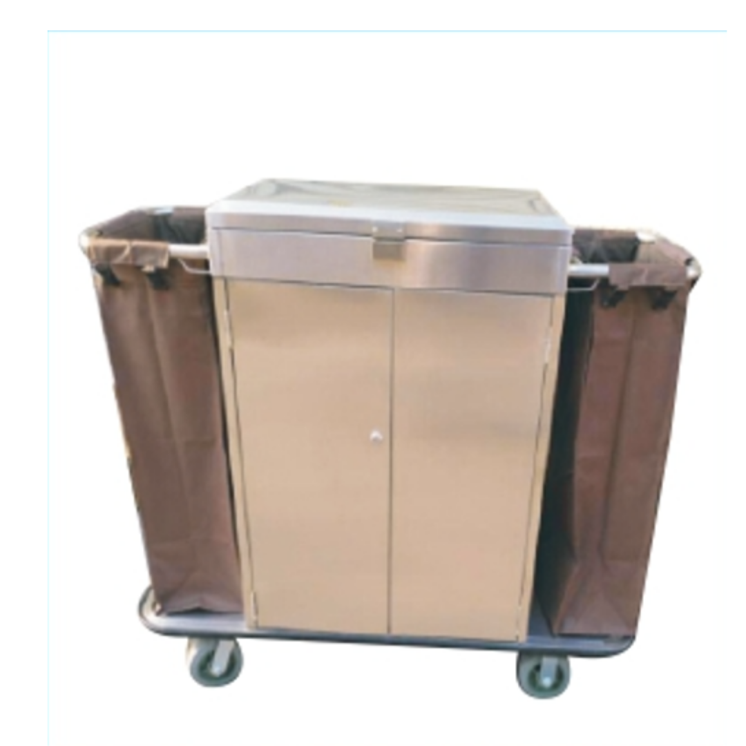 Stainless steel laundry cart with two fabric bags, storage cabinet, and caster wheels