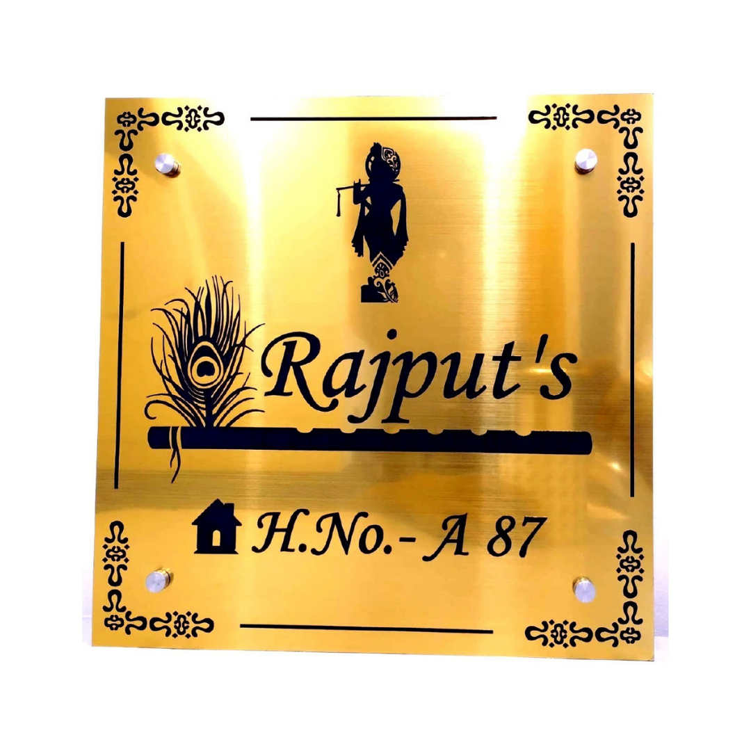 Customized brass finish home name plate with Rajput's name and H.No.-A 87
