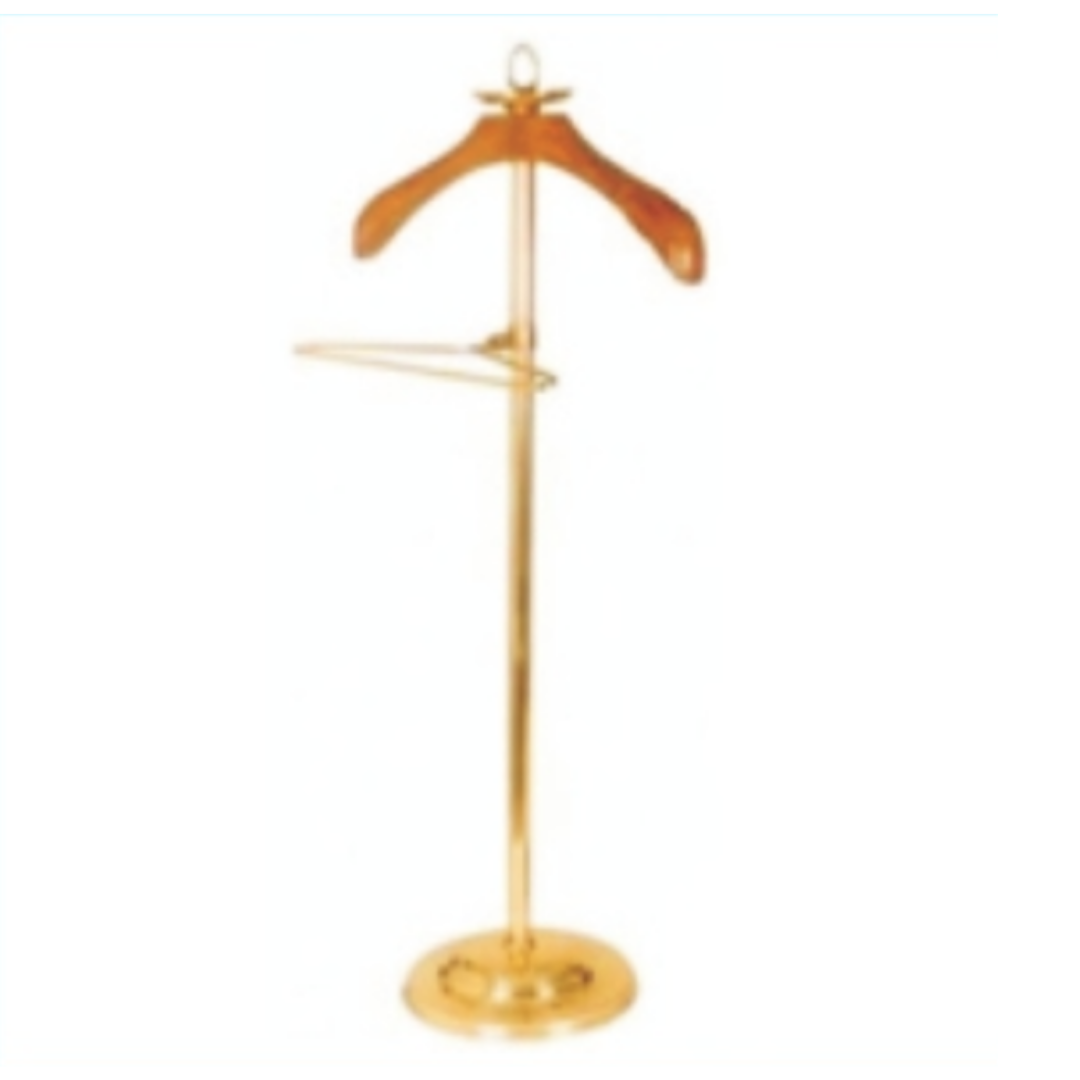 Wooden coat stand with curved hanger arms and gold-finish metal frame