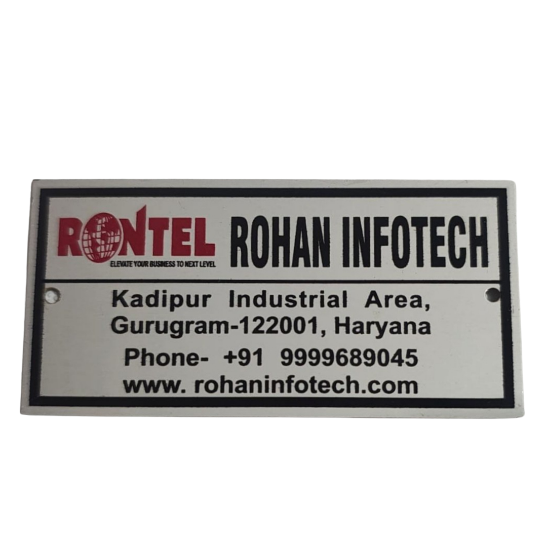 Rectangular white corporate name plate displaying the Rontel Rohan Infotech name, address, phone number, and website.