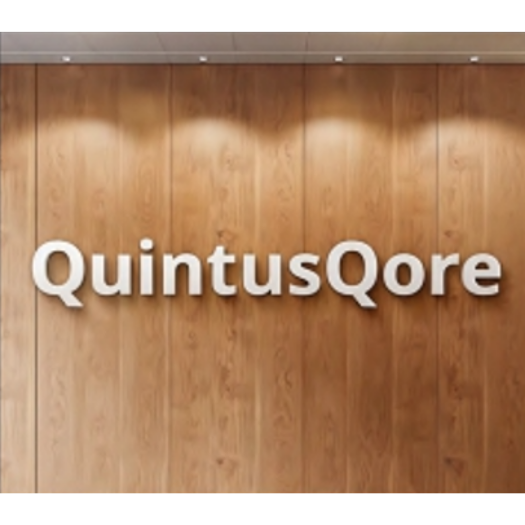 White raised “QuintusQore” lettering mounted on a warm wood-paneled wall.