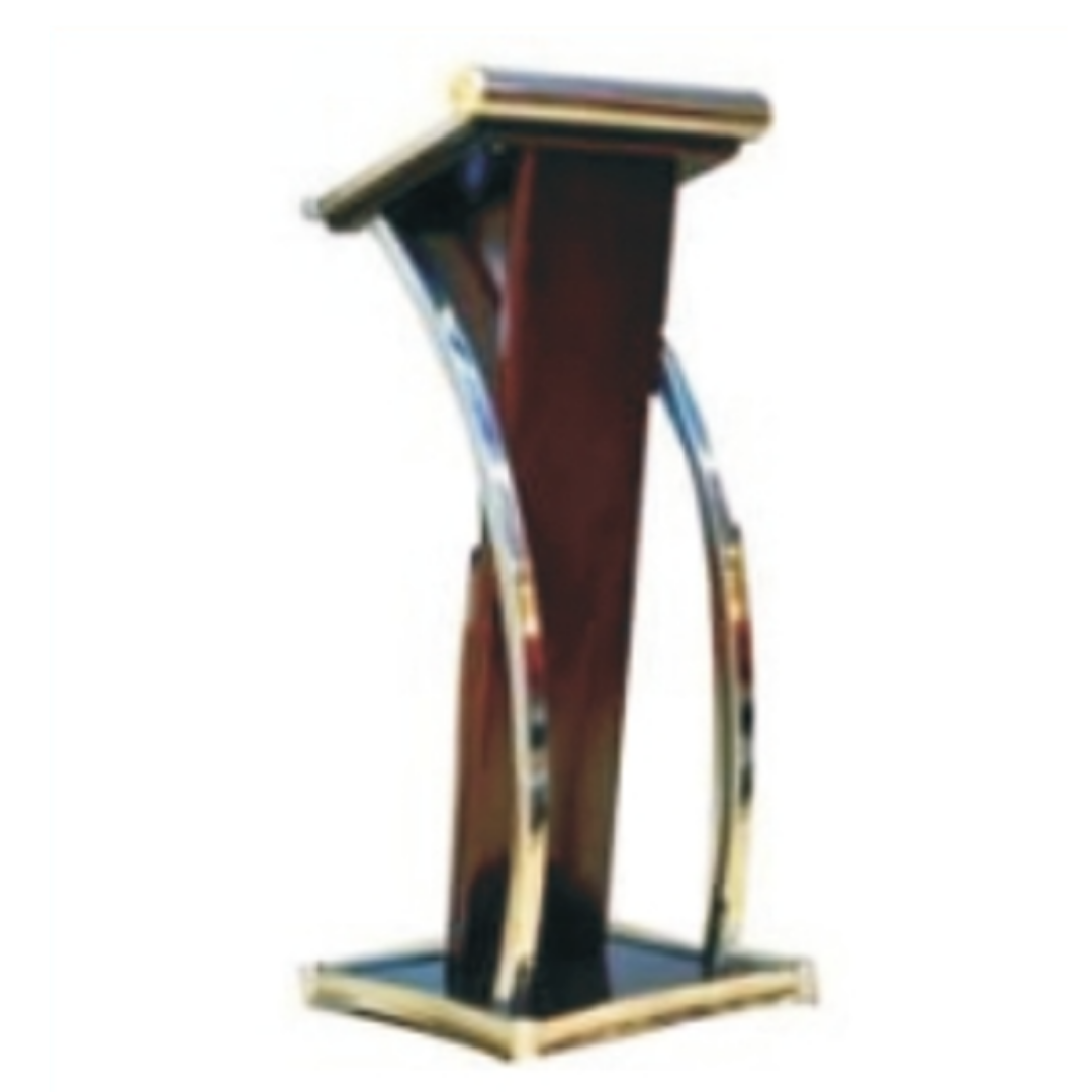 Modern wooden podium with polished chrome frame and rectangular base for presentations and events