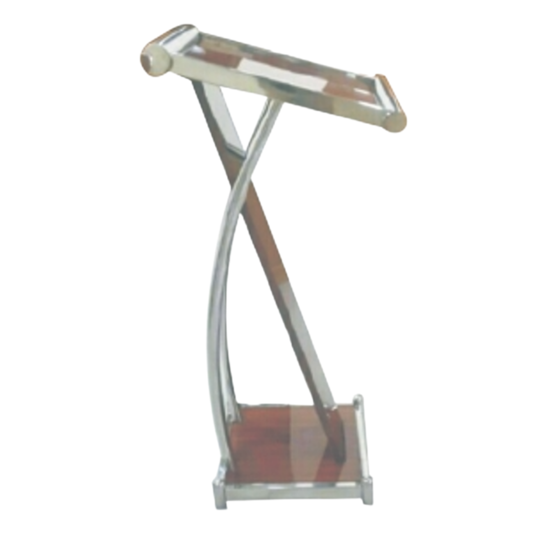 Modern wooden podium with curved stainless steel frame and compact base for presentations