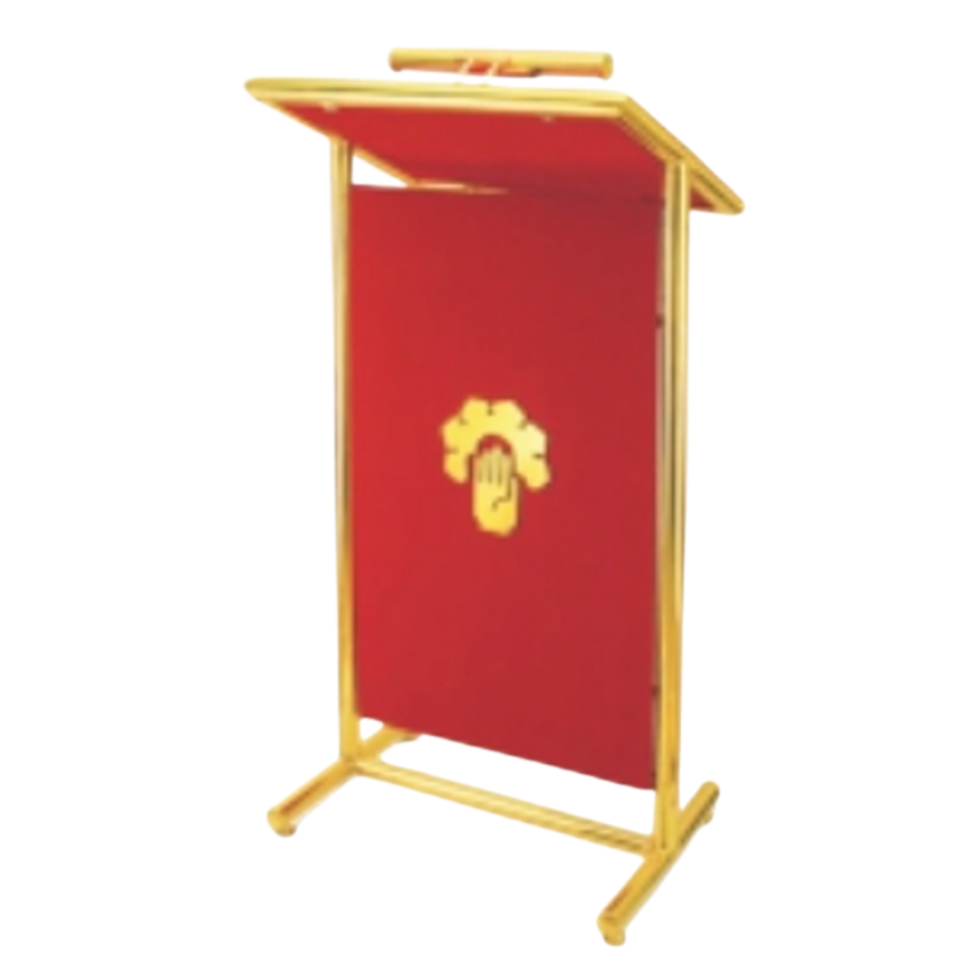 Red and gold metal podium with slanted top and decorative emblem for events and presentations