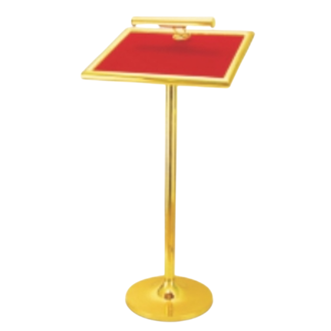 Gold lectern podium with red rectangular reading surface and round base for presentations
