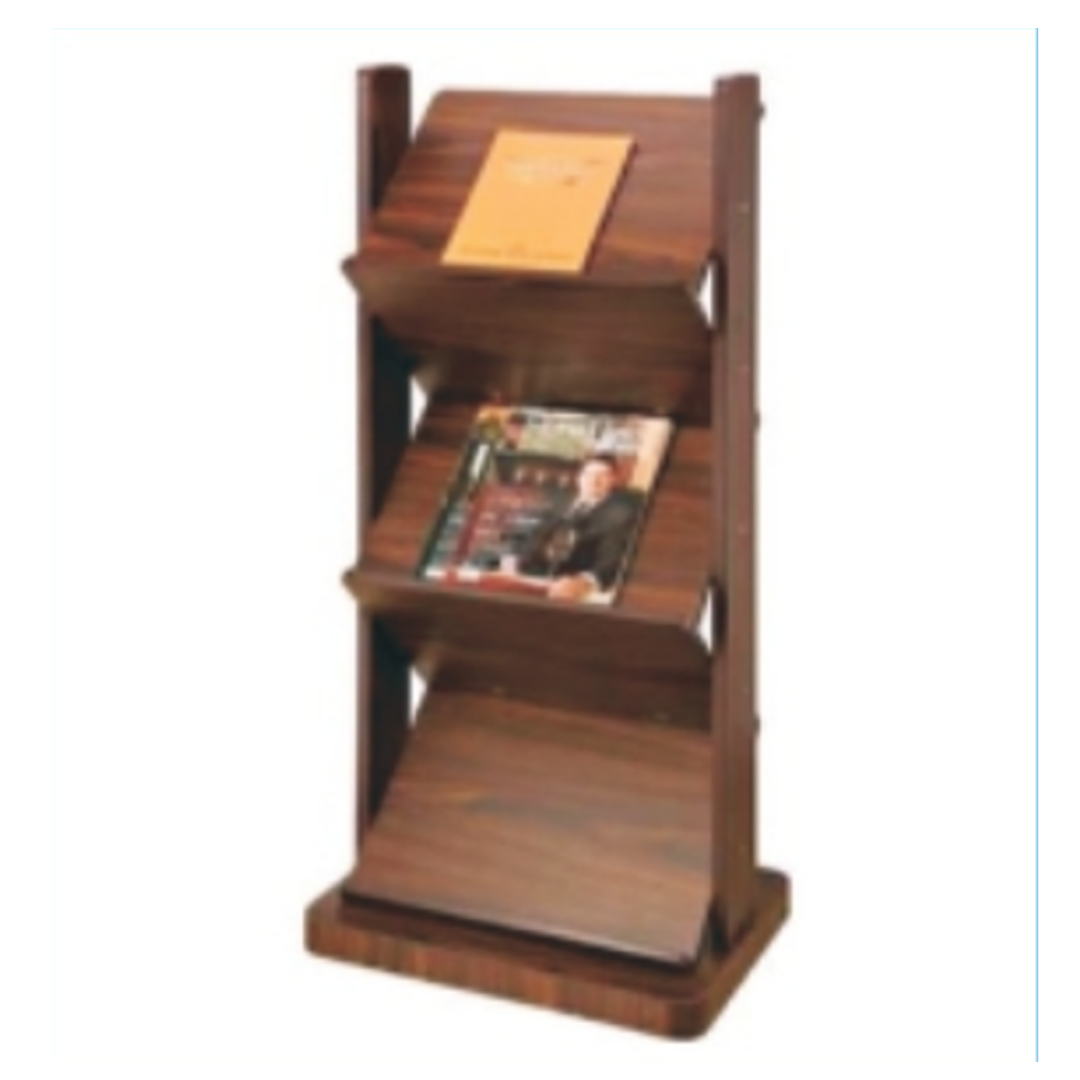 Wooden literature display stand with angled shelves for brochures, magazines, and books