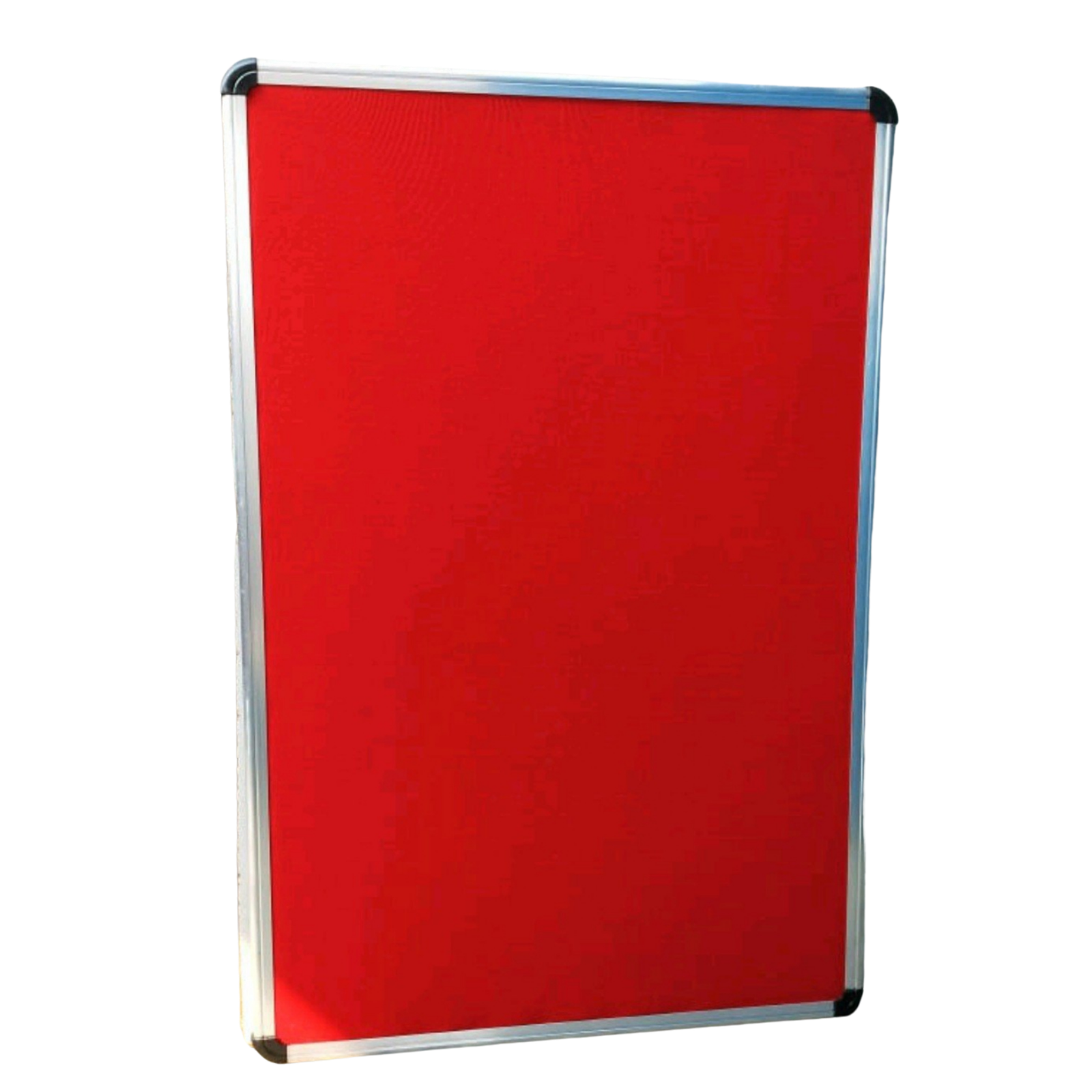 Elite Writing & Display red fabric notice board with aluminium frame and rounded black corner caps for office, school, and classroom displays.