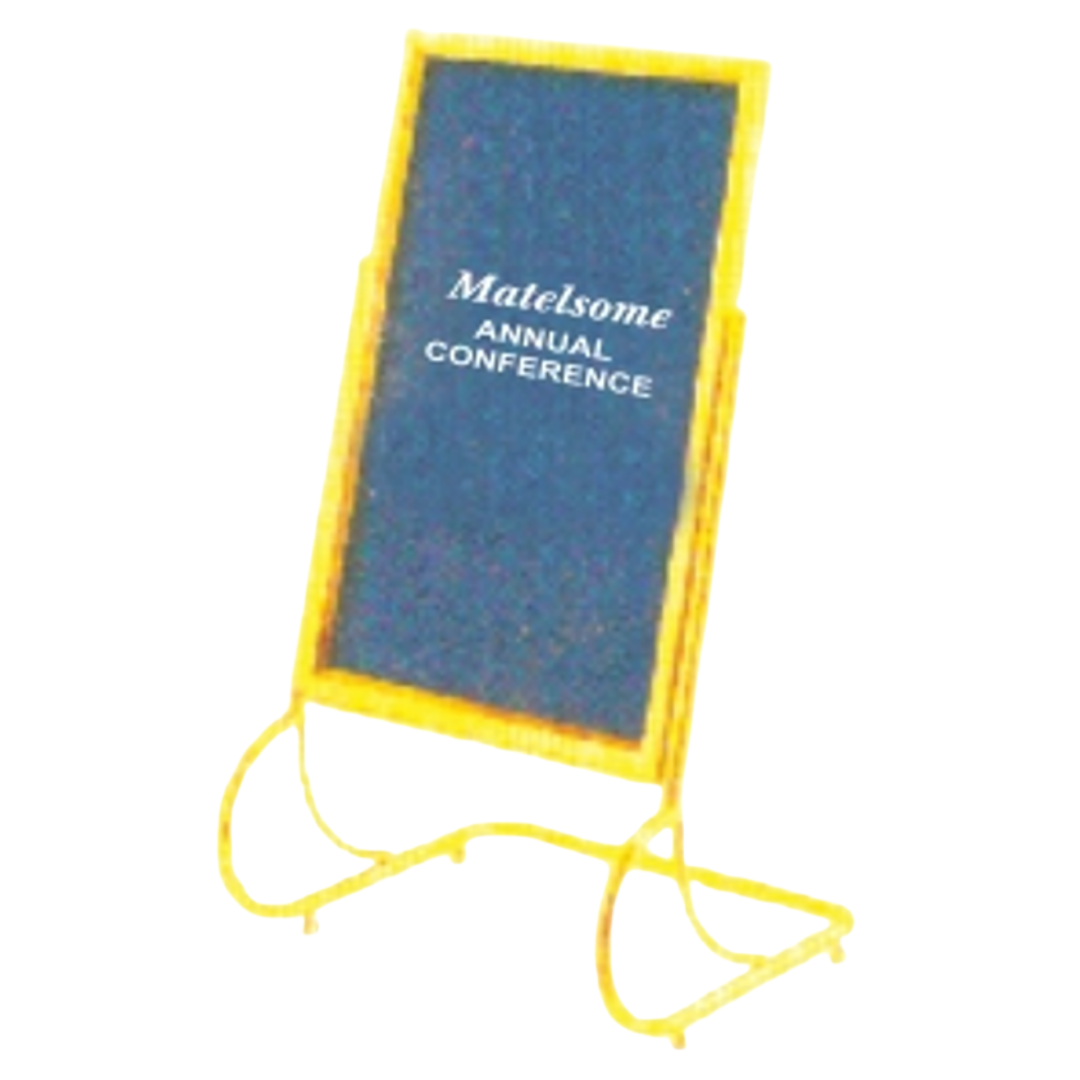 Gold frame floor standing display stand with blue fabric panel for conference signage