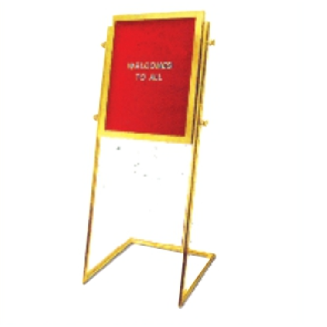 Red and gold freestanding poster display stand with framed sign panel for events and promotions