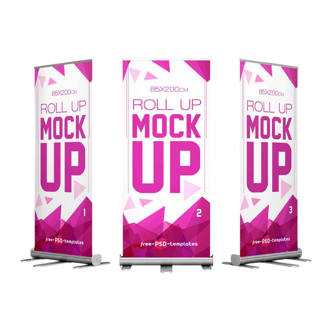 Three freestanding roll-up banner displays with custom printed graphics manufactured by Elite Writing & Display