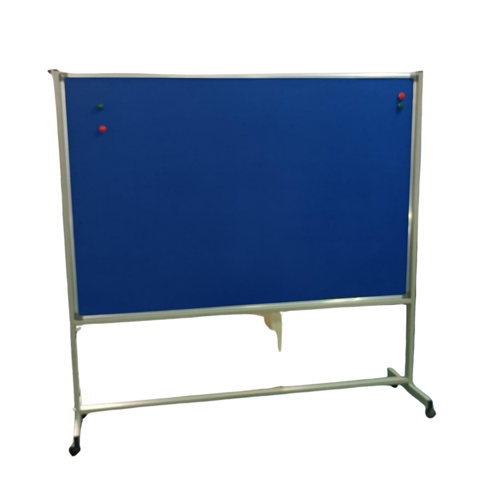 Double-sided blue fabric pin-up display board with aluminium frame and metal stand manufactured by Elite Writing & Display for schools, offices, exhibitions, and institutions.