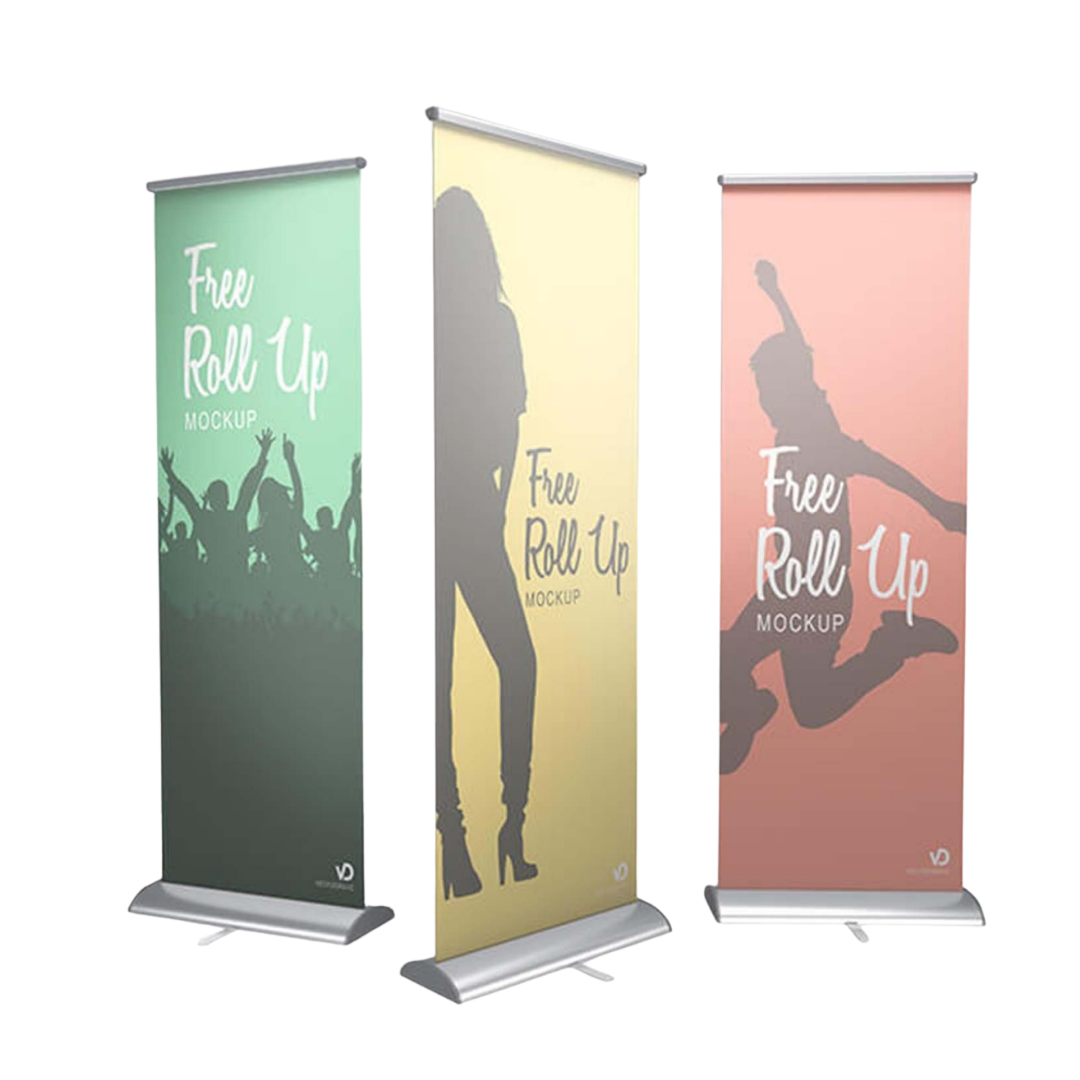 Three colorful freestanding roll-up banner displays manufactured by Elite Writing & Display