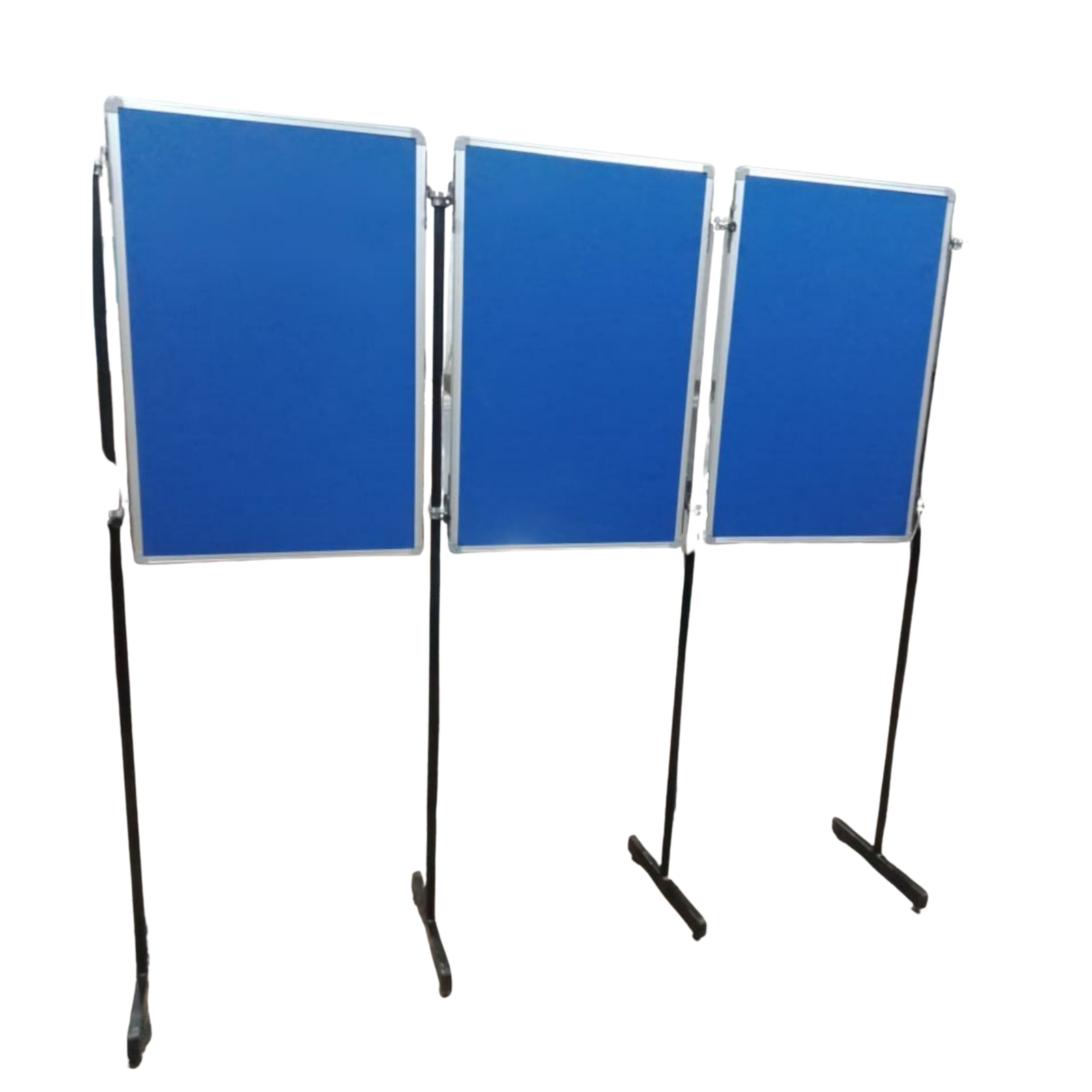 Three-panel folding blue fabric pin-up display board with aluminium frame and portable metal stand manufactured by Elite Writing & Display for exhibitions, schools, offices, and presentations.