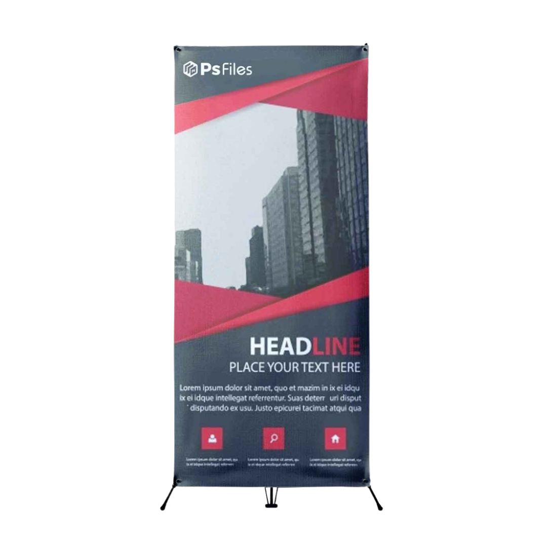 Portable X-banner standee display with custom printed promotional graphics, manufactured by Elite Writing & Display