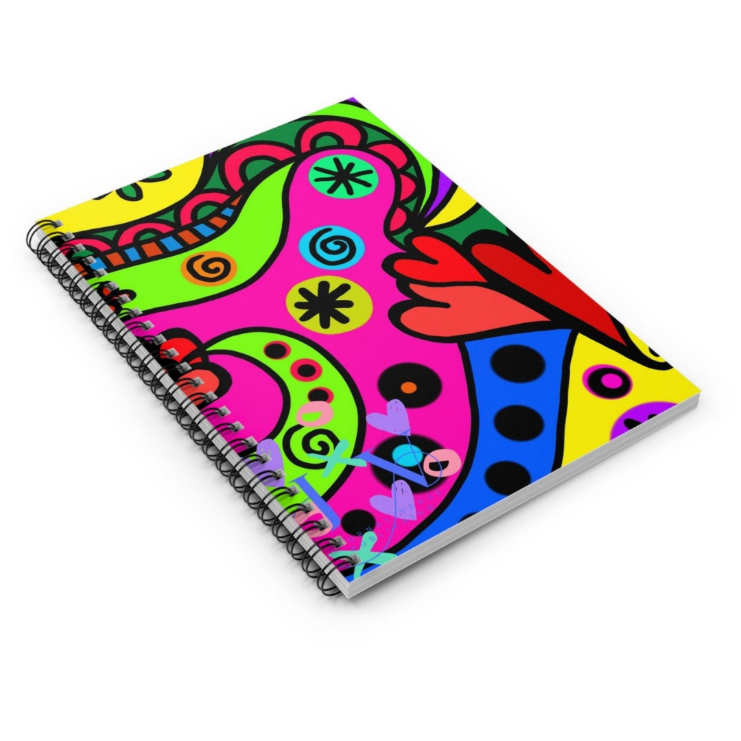 Bright colorful spiral notebook with abstract printed cover design in pink, green, blue, yellow, and red
