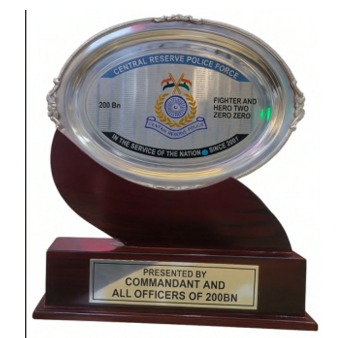 Elite Writing & Display Board featuring a silver oval Central Reserve Police Force 200 BN recognition plaque on a wooden trophy base