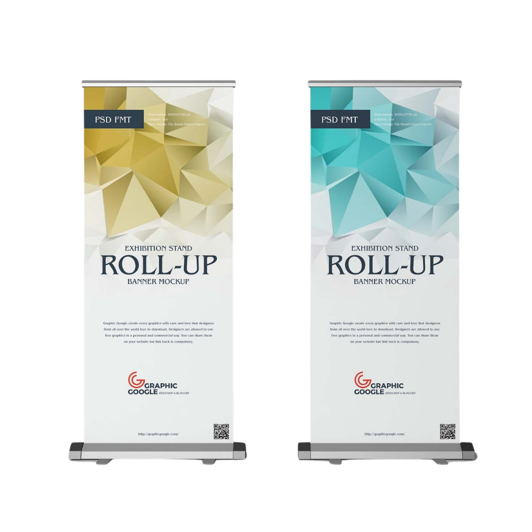 Two roll-up banner display stands with custom printed exhibition graphics, manufactured by Elite Writing & Display