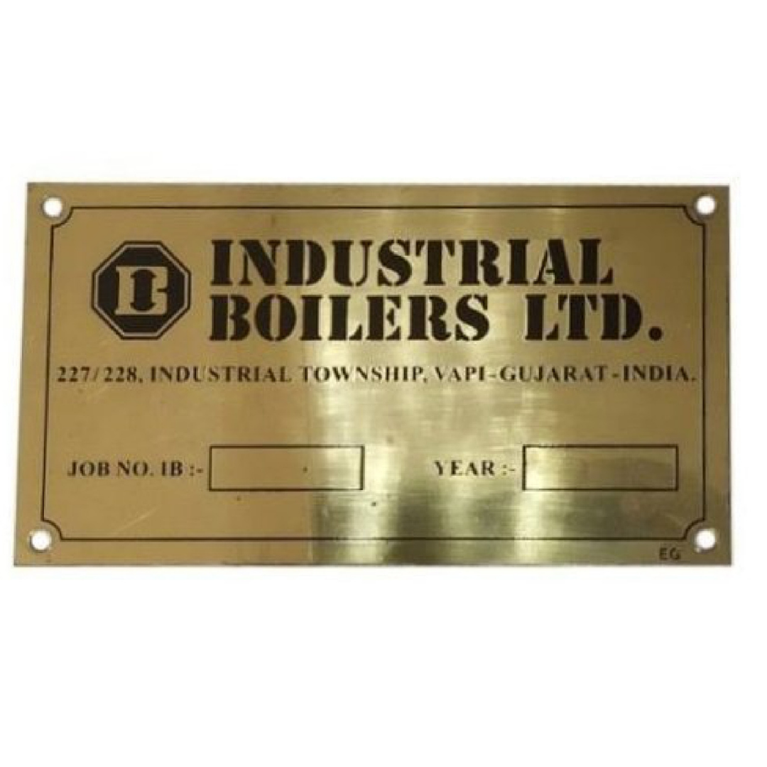 Brass-colored rectangular metal plate labeled “INDUSTRIAL BOILERS LTD.” with an address in Vapi, Gujarat, India, plus blank fields for job number and year.