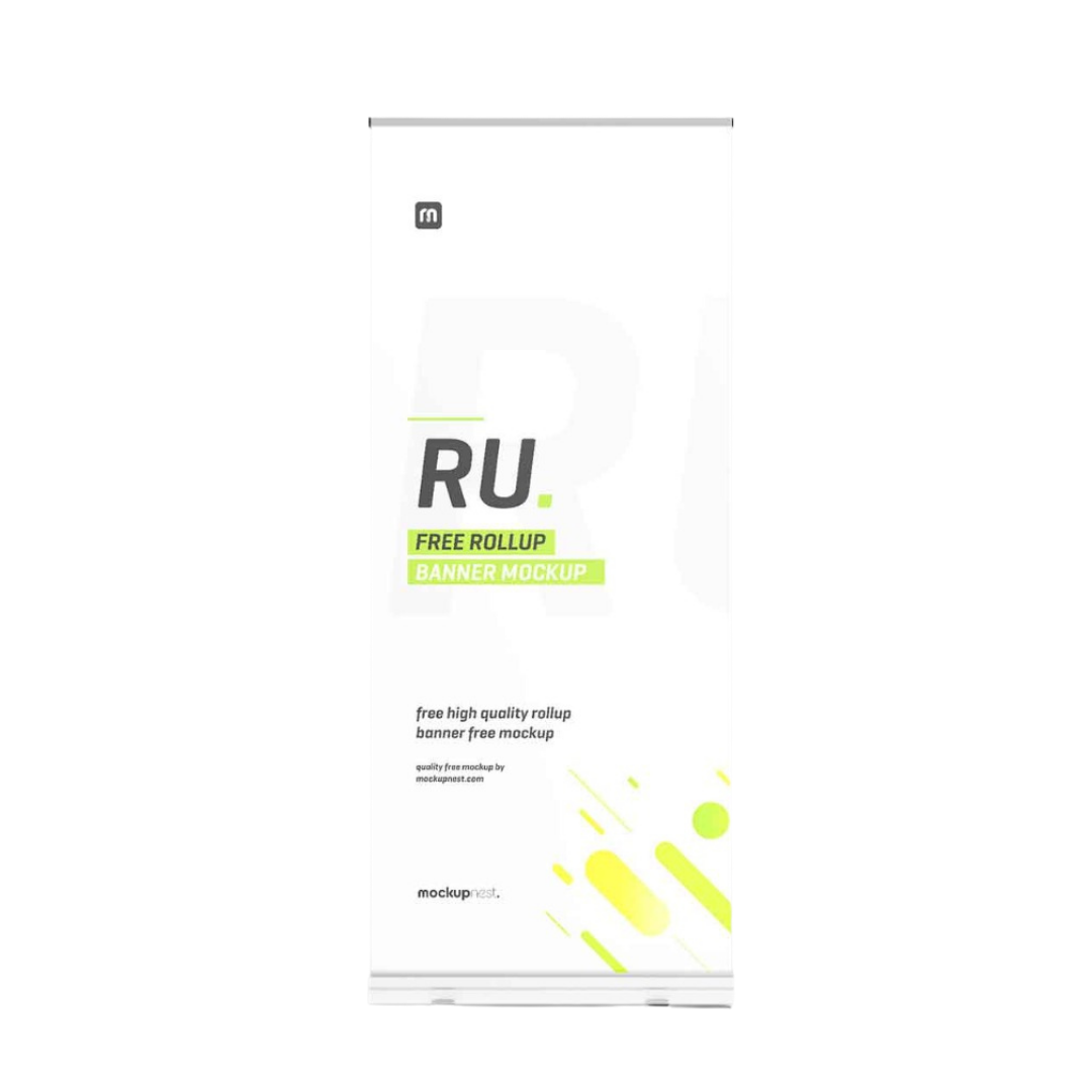 White roll-up banner display stand with custom promotional graphics, manufactured by Elite Writing & Display